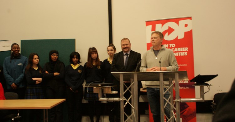 Rt. Hon Grant Shapps MP and Adrian Hawkins OBE open the fair. Joined by local schools students