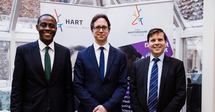 Bim Afolami, MP for Hitchin and Harpenden, Minister for Skills Alex Burghart and Kit Davies, CEO and Principal North Hertfordshire College