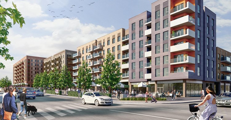 CGI of Phase 3, with shops, including Lidl at ground level and flats above