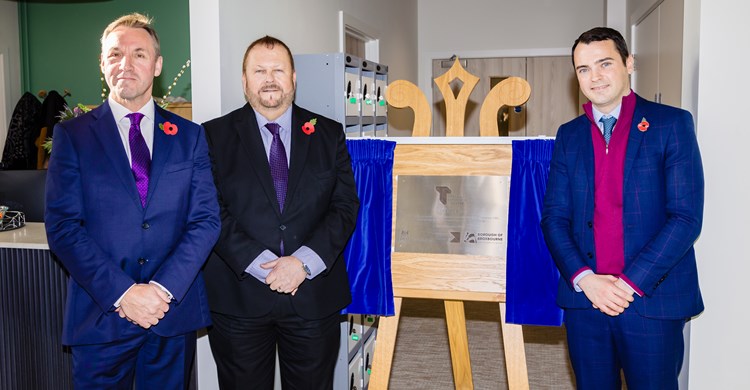 Tim Smith, Adrian Hawkins OBE and Cllr Lewis Cocking at the opening of Theobalds Enterprise Centre